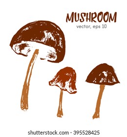 Sketched illustration of mushroom. Hand drawn brush food ingredient. Vector bio and eco icon, logo design template. Concept for organic products, harvest, healthy food, vegetarian, raw food diet. 