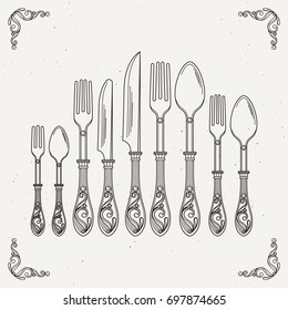 Sketched illustration of retro tableware. Vector pictures of spoon, fork and knife