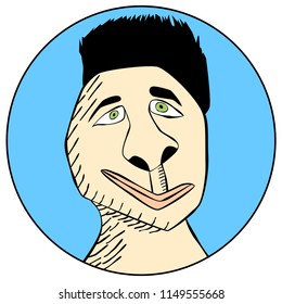 The sketched illustration of a surreal funny portrait.