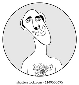 The sketched illustration of a surreal funny portrait.