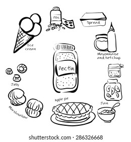 Sketched info-graphics: pectin using in food  production and medicine.