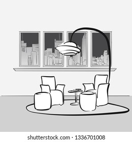 Sketched Interior lounge space. Hand drawn vector illustration. Series of sketched business backgrounds.