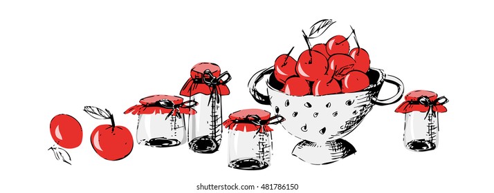 Sketched  jam jars and apples. Vector Illustration