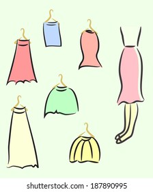 Sketched ladies wardrobe, stylish clothes, vector illustration.