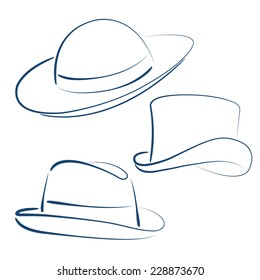 Sketched lady and gentleman hats isolated on white background. Design template for label, banner, badge, logo. Vector.