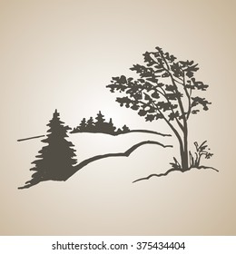 Sketched landscape with tree, hand drawn illustration. Eps-8.