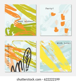 Sketched leaf on blue.Hand drawn creative invitation greeting cards. Poster, placard,  design templates. Anniversary, Birthday, wedding, party cards set of 4. Isolated on layer.