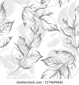 Sketched Leaves Seamless Pattern. Hand Drawn Illustration. Vector Background.