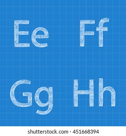 Sketched letters E F G H on blueprint background