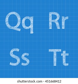 Sketched letters Q R S T on blueprint background