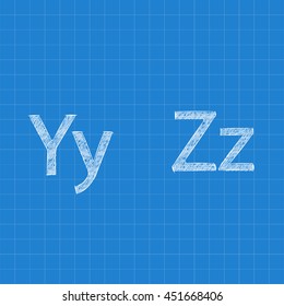 Sketched letters Y Z on blueprint background