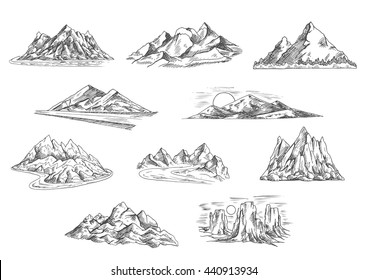 Sketched Mountain Landscapes Hiking Tourism Adventure Stock Vector 