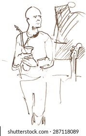 Sketched musician with saxophone in hands on the background of instruments