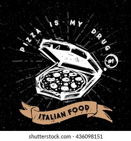 Sketched Open box with tasty classic Pizza - Italian food. Pizza on Black  Background