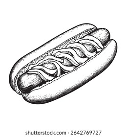 Sketched Outline Vector Illustration Art of Grilled Onions in a Hotdog