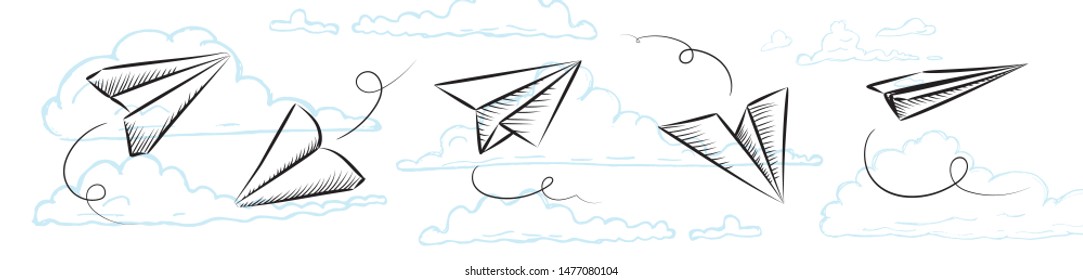 Sketched paper plane, flight drawing or airplane doodle on blue clouds background. Hand drawn aircraft line route or planing sketch vector illustration