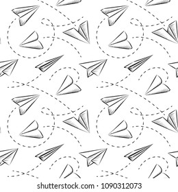 Sketched Paper Plane Seamless Pattern. Hand Drawn Simple Airplane Background