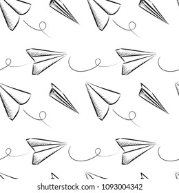 Sketched Paper Plane Seamless Pattern. Hand Drawn Simple Airplane Background