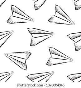 Sketched Paper Plane Seamless Pattern. Hand Drawn Simple Airplane Background