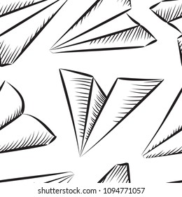 Sketched Paper Plane Seamless Pattern. Hand Drawn Simple Airplane Background