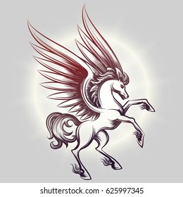 Sketched Pegasus with wings in light round on grey backdrop. Vector illustration