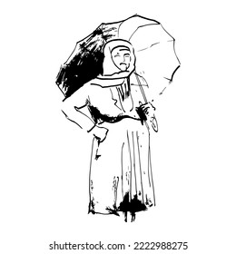 Sketched Person. Hand Drawn Illustration Of A Grumpy Old Woman With Umbrella