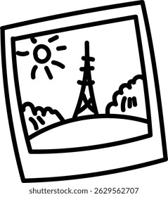 Sketched photo shows sun, tower, and trees in a simple line drawing.  The image depicts a sunny day with a tall structure and foliage on a hill in a hand-drawn photograph. Cartoon vector illustration