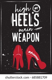 Sketched poster for a shoe store. Red lacquered shoes with high heels. Lettering on a black background