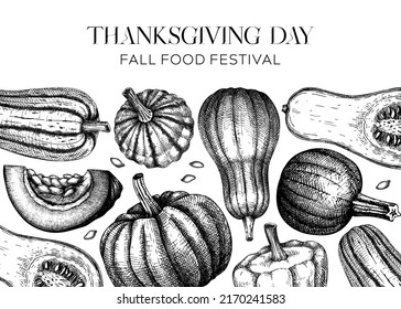 Sketched pumpkin banner. Thanksgiving day background. Autumn food black and white drawings. Vector vegetables, butternut squash, marrow, pumpkin slice sketches. Fall harvest festival frame design