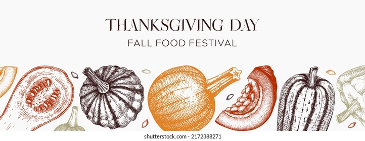 Sketched pumpkins banner in color. Thanksgiving day vintage design. Autumn food drawings. Vector vegetables, butternut squash, marrow, pumpkin sketches. Fall harvest festival background