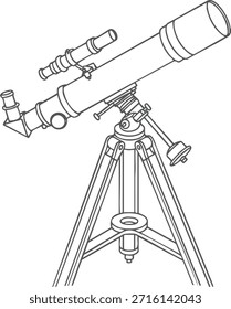 Esboço do telescópio refrator montado em um tripé resistente para observar as estrelas.