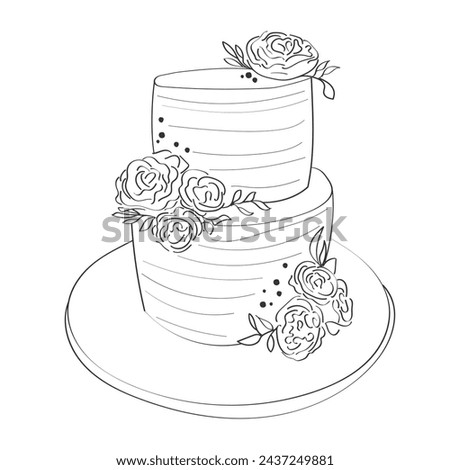 A sketched representation of a two-tier wedding cake adorned with rose embellishments and delicate icing details. The cake is placed on a stand, planning stage for a celebration