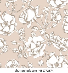 Sketched Roses Seamless Pattern on a Beige Background