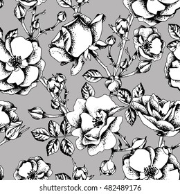 Sketched Roses Seamless Pattern on a Grey Background