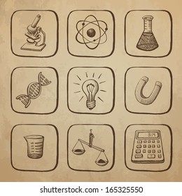 Sketched science icons on the page of the old paper.