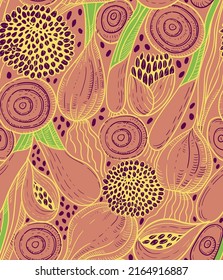 Sketched seamless pattern made of hand drawn onion, cutaway onion, shallot, onion flowers and seeds. Vegan restaurant ornament, vegetarian backdrop. Homemade cooking background. Vegetable wallpaper