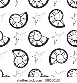 Sketched seashells and starfish seamless pattern vector. Doodle monochrome background or illustration