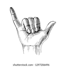 Sketched shaka hand. Surfing symbol. Vector illustraion