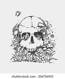 Sketched skull in flowers. Vector illustartion.