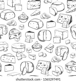 Sketched sliced cheese seamless pattern. Background or backdrop with italian or french, switzerland dairy. Vegetarian mozzarella and parmesan food. Tile with vegan meal. Shop and store, market theme