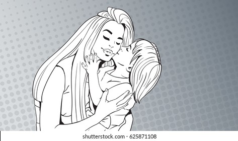 Sketched Small Girl Kisses Woman, Mother With Daughter Over Pop Art Retro Pin Up Background Vector Illustration