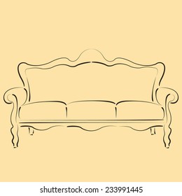 Sketched sofa couch. Background can be easily removed. Design template for label, banner, postcard. Couch sketch vector illustration.