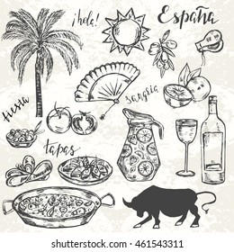 Sketched spanish set. Hand drawn elements typical for spanish culture. Translation of words "hello. Spain. holiday. party. "