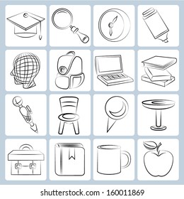 sketched stationery icons, education icons
