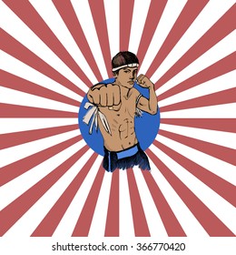 Sketched street fighter on rays background. School of kickboxing. Vector illustration