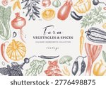 Sketched style vegetables background. Culinary ingredients and farm food hand drawn vector illustration. Herbs and spices frame design in color. NOT AI generated