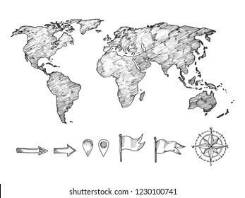 Sketched style world map and navigation elements vector illustration