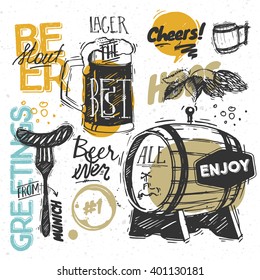 Sketched styled beer elements - Barrel, a Glass of beer, Sausage, Hops. White background  
