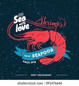 Sketched styled shrimps with different elements. Dark background   