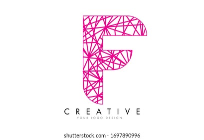 Sketched stylized Letter F with Pink Lines Pattern Design. Lace and Web Effect Vector Illustration.